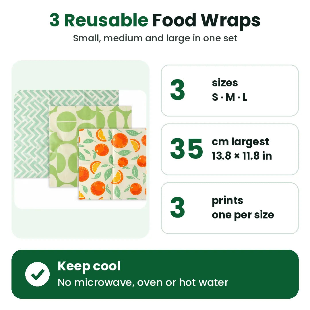 Beeswax food wraps set of 3: small, medium and large, 35 x 30 cm largest, one print per size