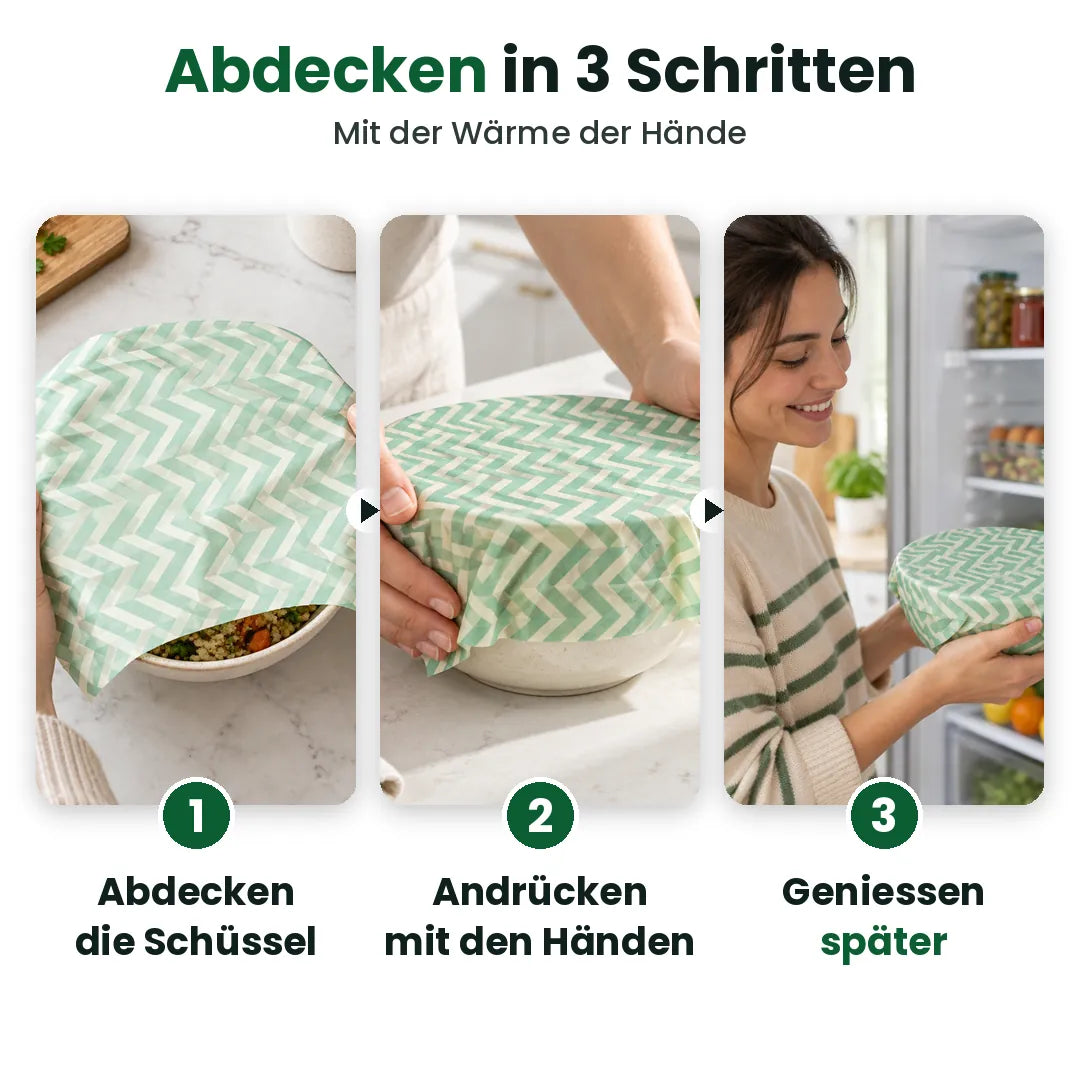 So nutzen Sie Bienenwachstücher: Schüssel abdecken, mit den Händen andrücken, geniessen