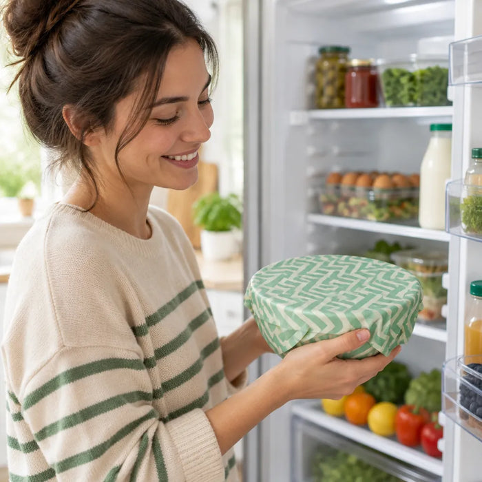 Smiling woman taking a bowl covered with a beeswax wrap out of the fridge