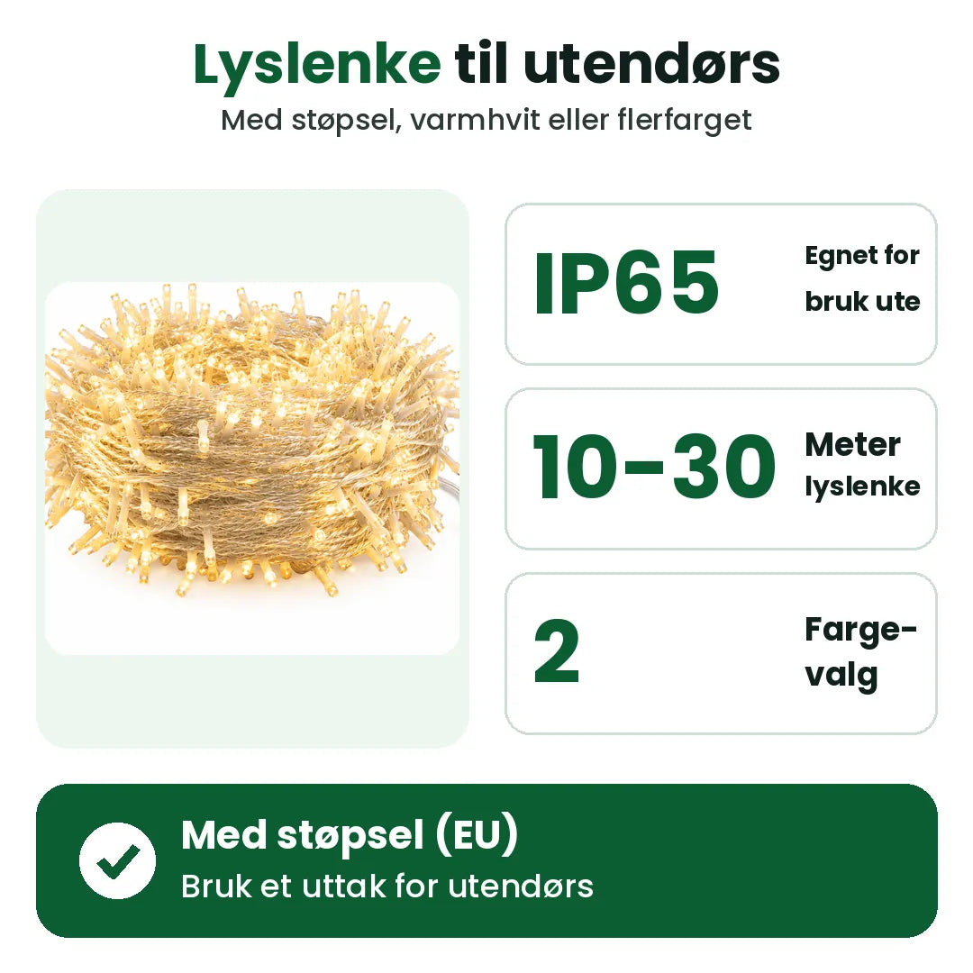 Lyslenke ute med IP65, 10 til 30 meter, varmhvit eller flerfarget