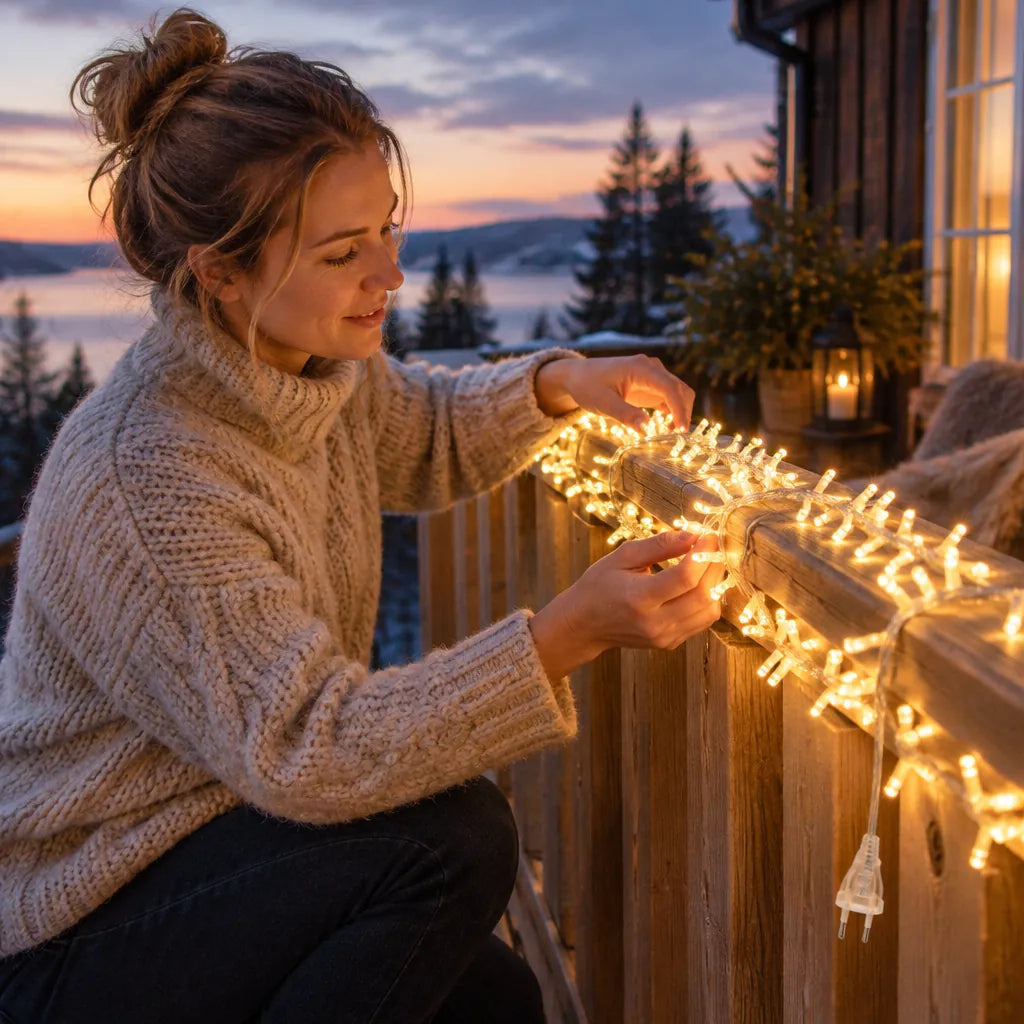 Woman hanging outdoor LED string lights on a wooden terrace railing at sunset