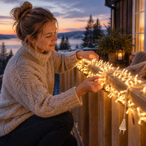 Kvinne henger lyslenke utendørs på rekkverket på en treterrasse ved solnedgang