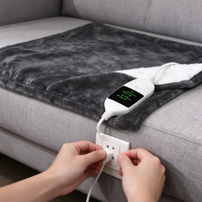 Hands plugging a heated throw blanket controller cord into a wall outlet