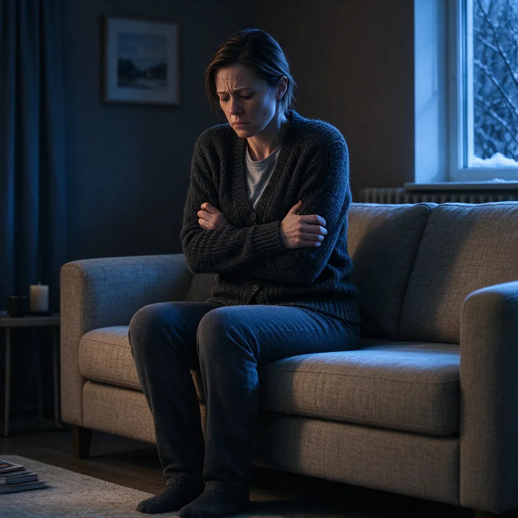 Woman hunched on a sofa with her arms crossed in a cold, dim living room