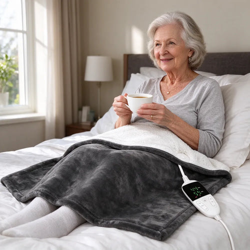 Older woman sitting up in bed with tea and an electric throw blanket over her knees