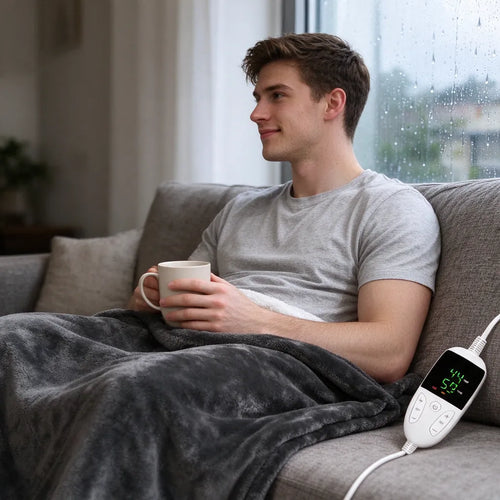 Young man on a sofa by a rainy window holding a mug under a heated throw blanket