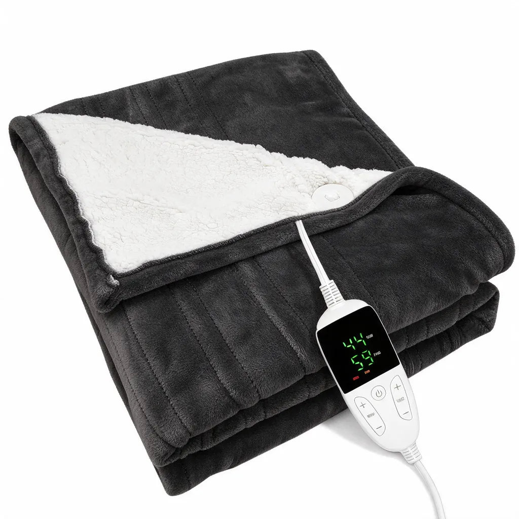 Dark grey heated throw blanket with white sherpa underside and hand controller