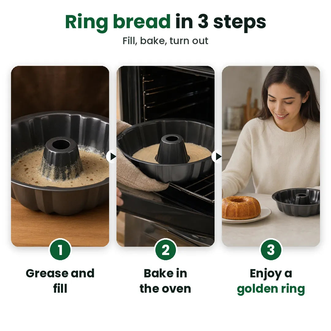 Three steps to bake a ring bread: fill the pan, bake, turn out
