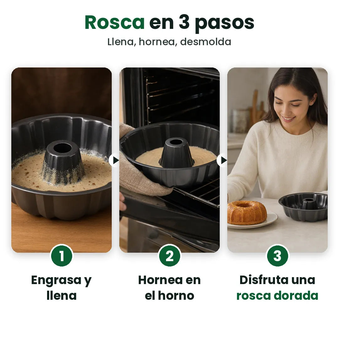 Tres pasos para hornear una rosca: llenar el molde, hornear y desmoldar