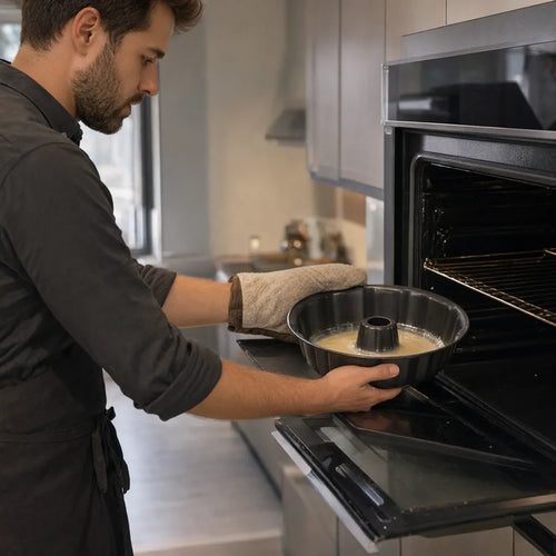 Hombre con delantal metiendo al horno un molde para rosca con masa