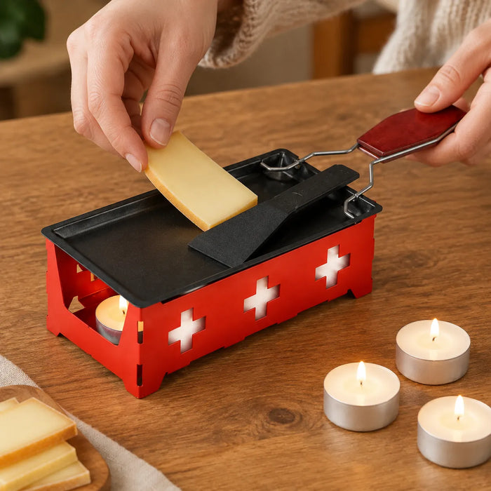Käsescheibe im Pfännchen eines Mini-Raclette-Sets, beheizt mit Teelicht