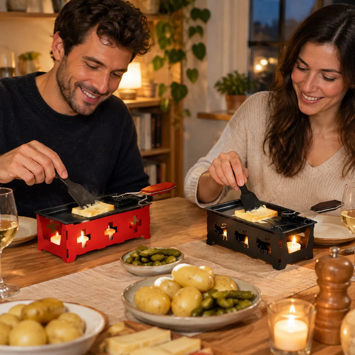 Couple using two mini raclette sets at a dinner table with potatoes and cornichons