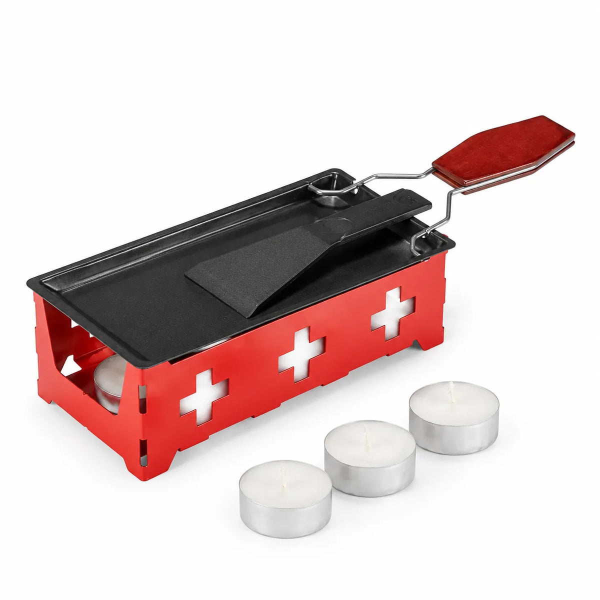 Red mini raclette set with non-stick tray, scraper and three tea light candles
