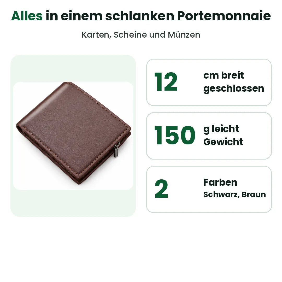 Grösse und Gewicht des Herren Portemonnaies mit den zwei Farben Schwarz und Braun