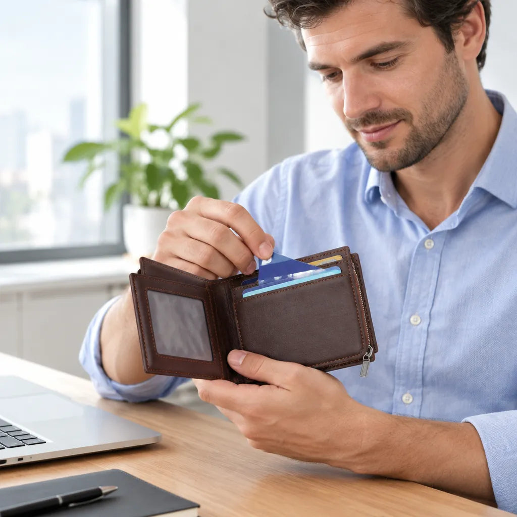 Man at his office desk taking a card out of a brown bifold men's wallet