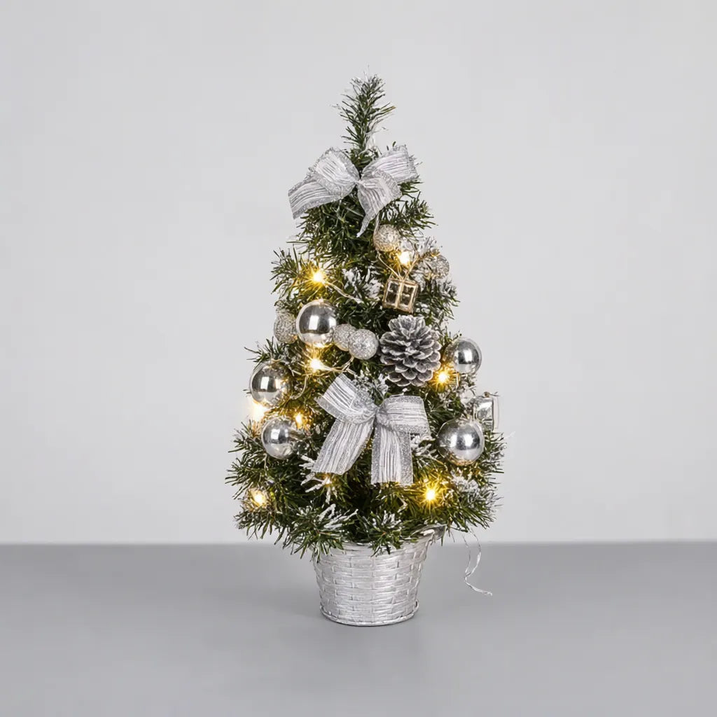 Mini Christmas tree with light string and battery pack, as shipped