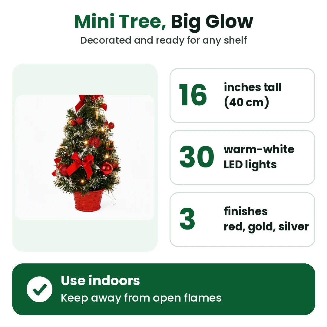 Mini Christmas tree facts: 16 inches tall, 30 warm-white LED lights, 3 finishes
