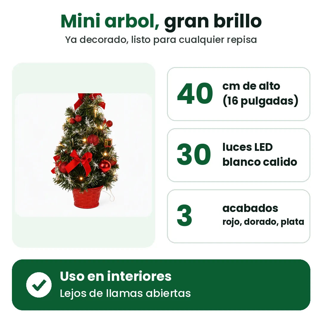 Datos del mini árbol de Navidad: 40 cm de alto, 30 luces LED, 3 acabados