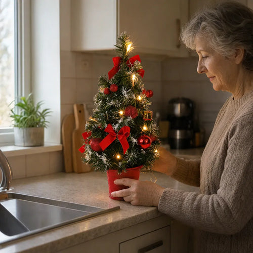 Mujer mayor colocando un árbol de Navidad pequeño con luces en la barra de la cocina