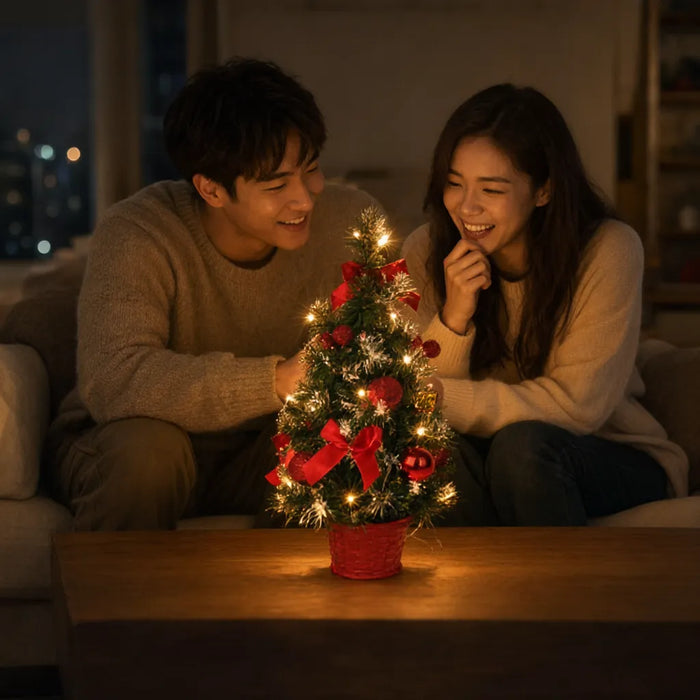Pareja sonriendo ante un árbol de Navidad de mesa encendido en la mesa de centro