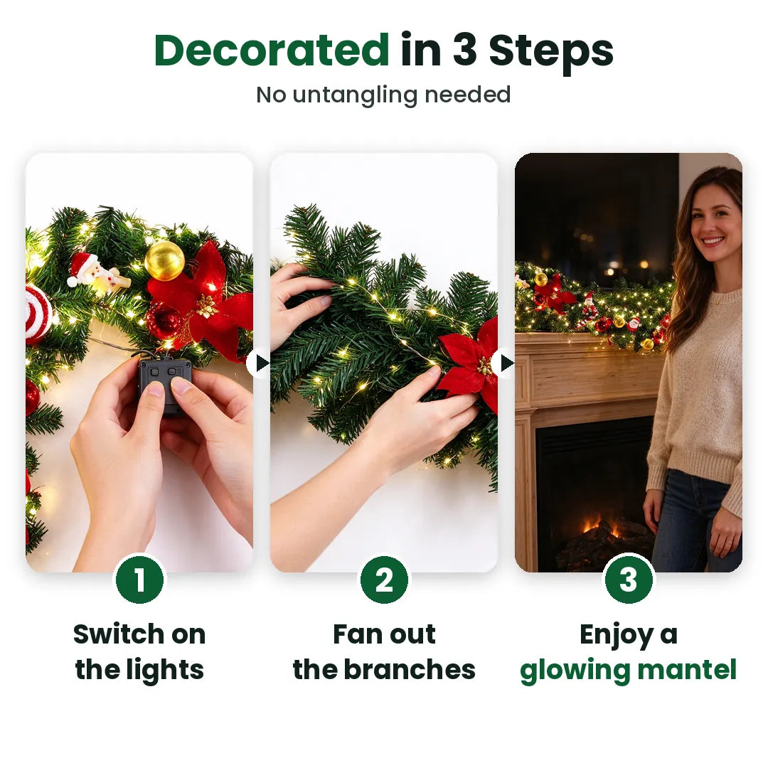 Three steps to hang a pre-lit christmas garland: switch on, fan out, enjoy