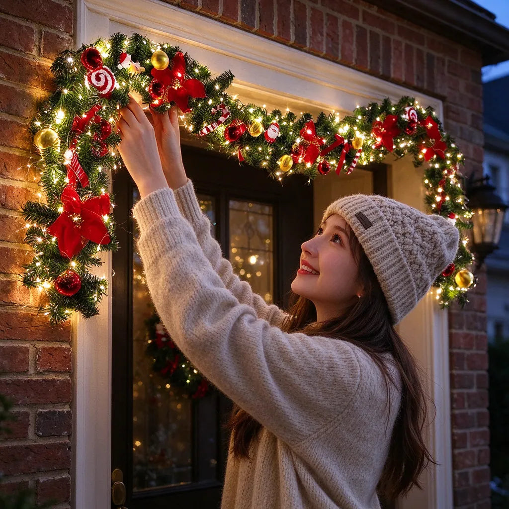 Young woman hanging a pre-lit christmas garland around a front door frame at dusk