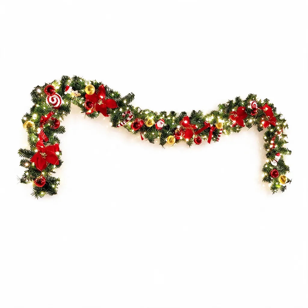 Red pre-lit christmas garland with LED lights, poinsettias and baubles on a white background