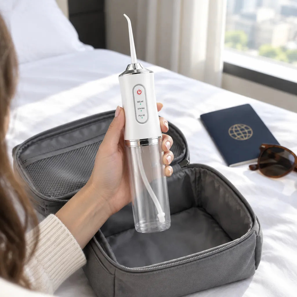 Hand holding a travel water flosser over an open toiletry bag on a hotel bed