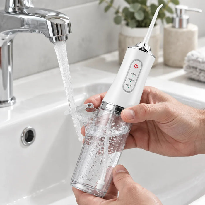 Hand filling the clear tank of a water flosser under a bathroom tap