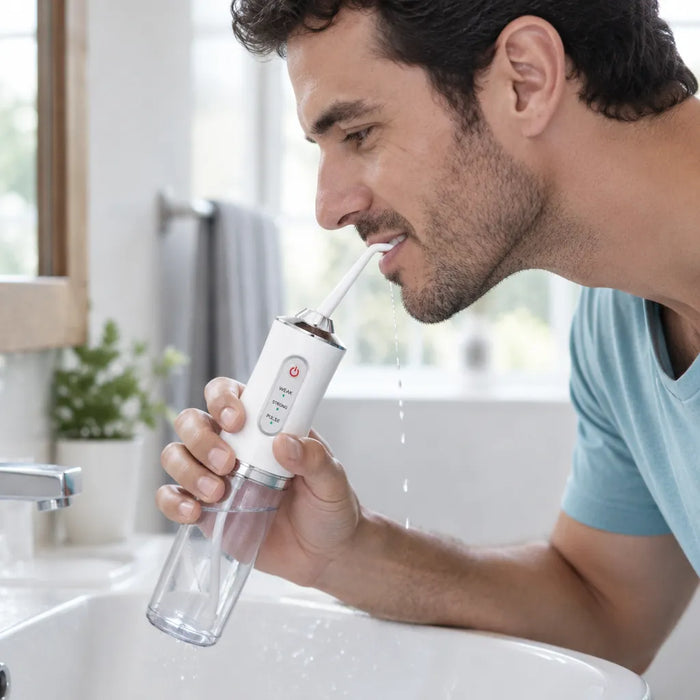 Man leaning over the sink using an electric flosser between his teeth