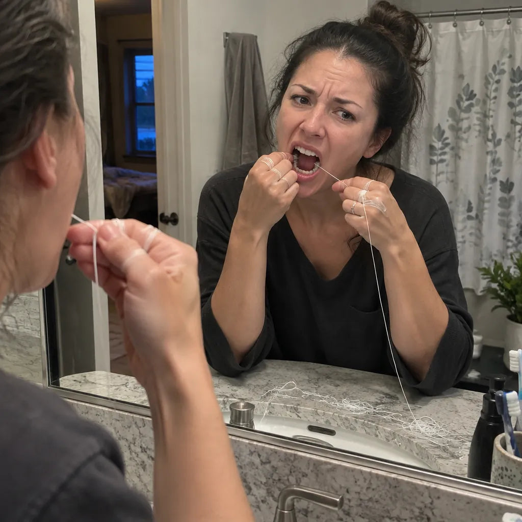 Woman struggling with string floss wrapped around her fingers at a bathroom mirror