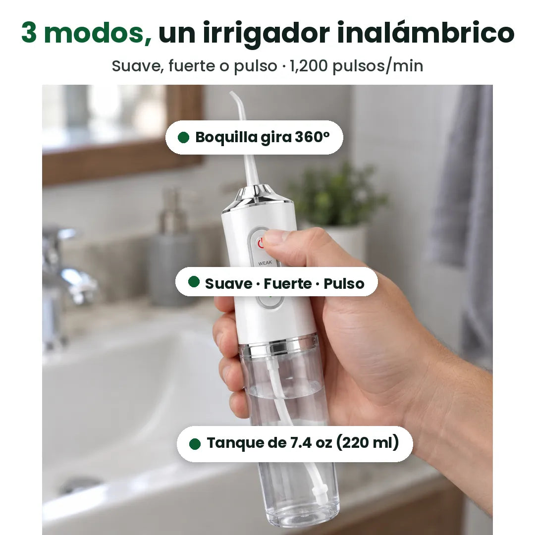 Irrigador bucal con 3 modos, boquilla que gira 360° y tanque de 7.4 oz