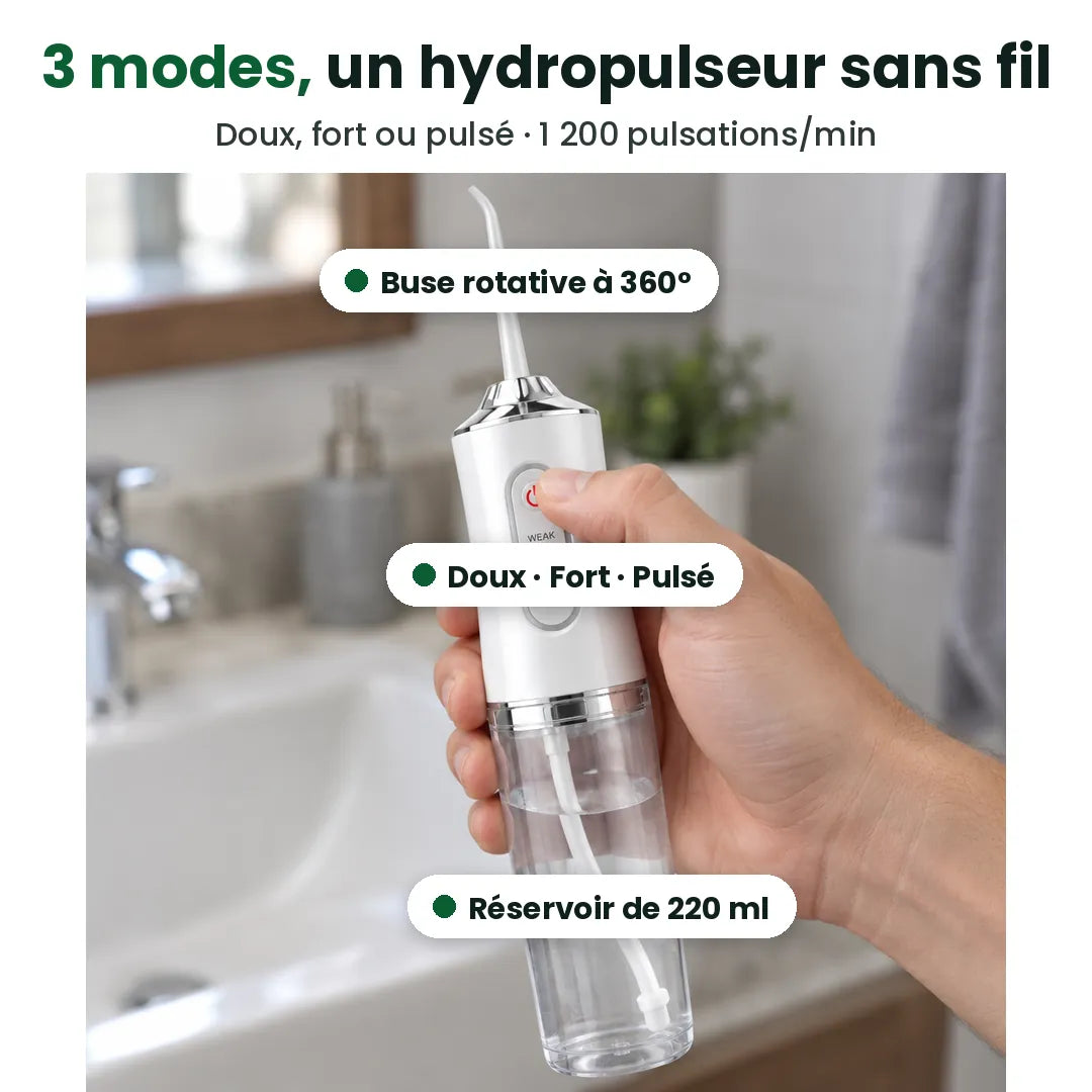 Hydropulseur sans fil avec 3 modes, buse rotative à 360° et réservoir de 220 ml