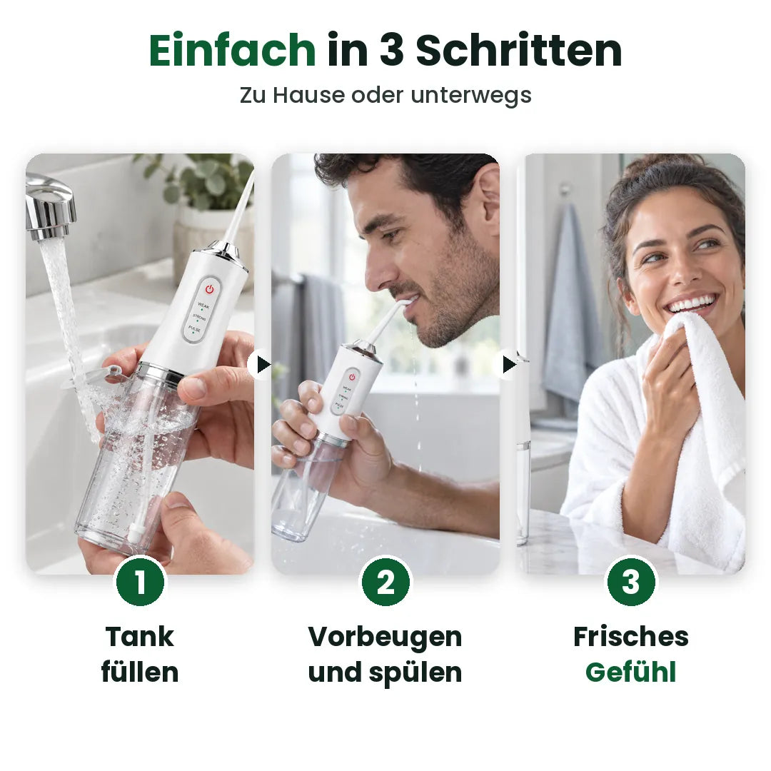 So nutzen Sie eine Munddusche in 3 Schritten: füllen, spülen, frisch fühlen
