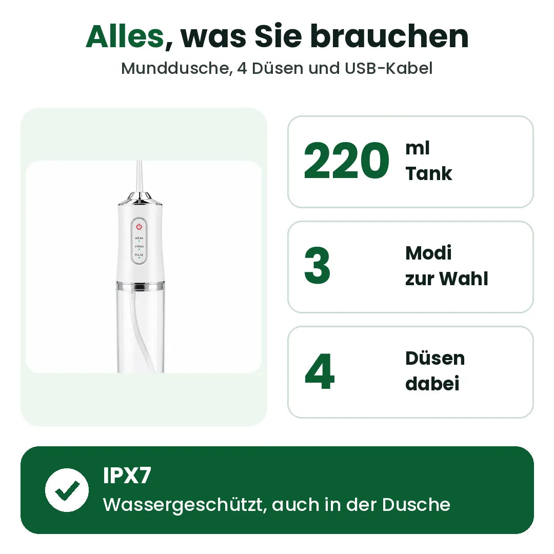 Lieferumfang der tragbaren Munddusche: 220-ml-Tank, 3 Modi, 4 Düsen