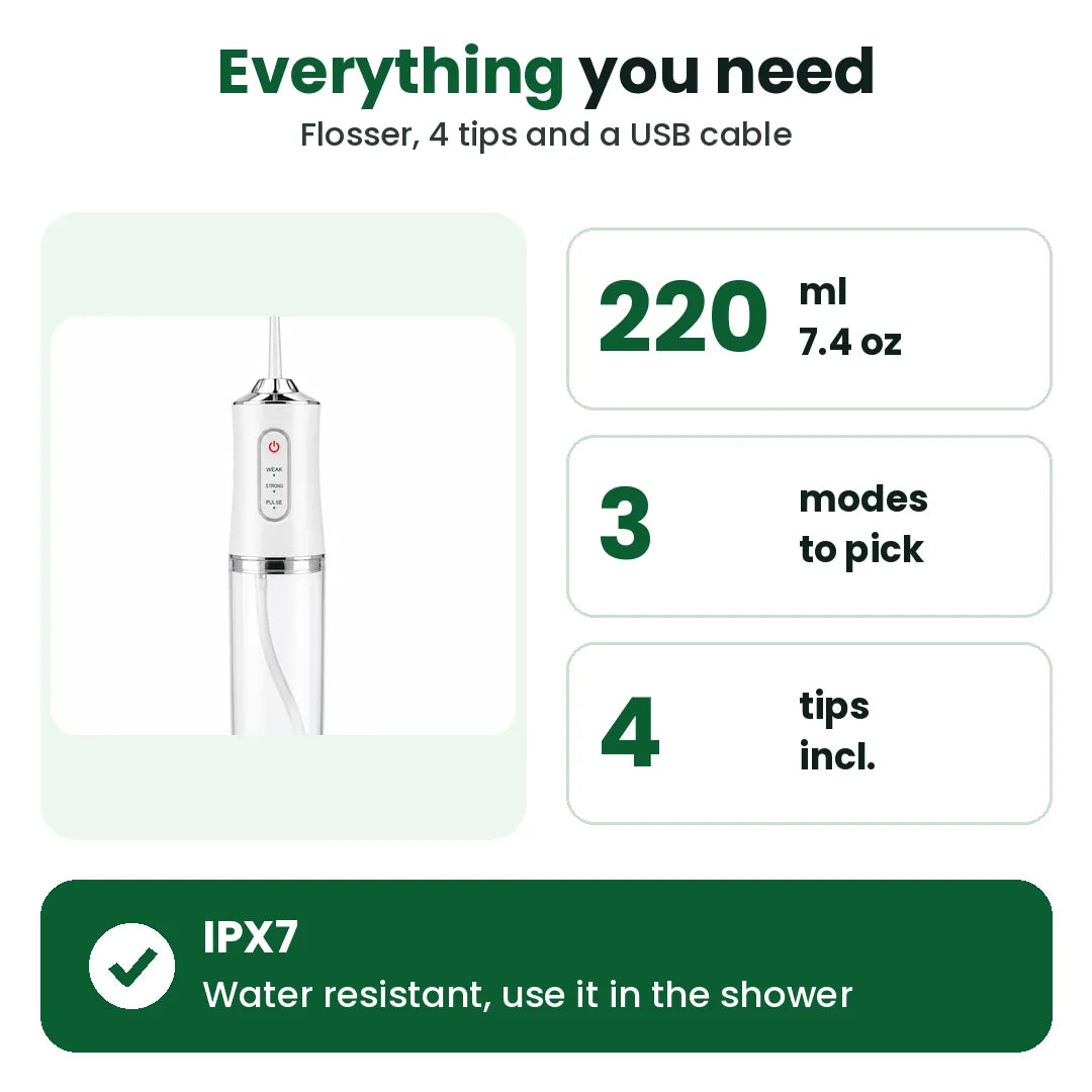 What you get with the portable water flosser: 220 ml tank, 3 modes, 4 tips