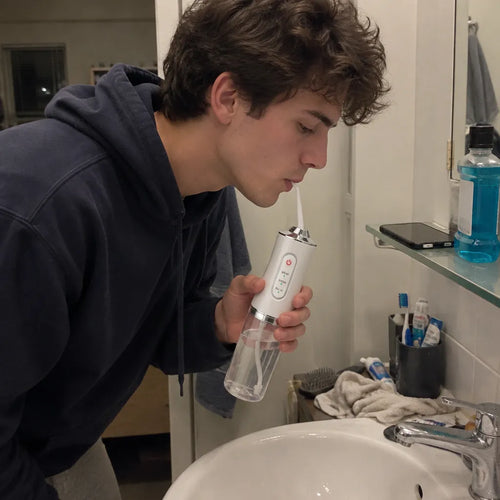 Young man using a teeth flosser in a small apartment bathroom at night
