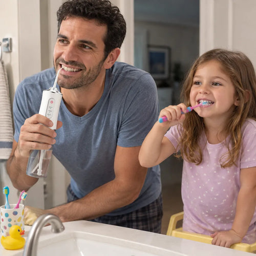 Dad using a dental flosser at the sink while his daughter brushes her teeth