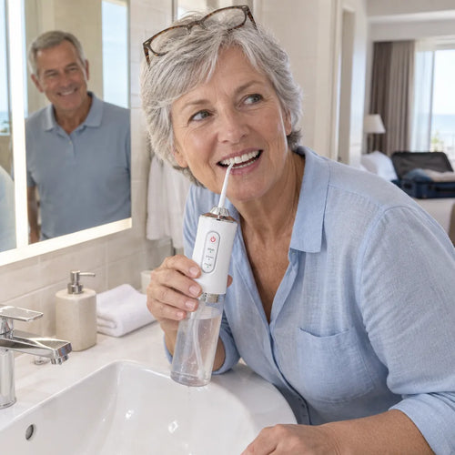Woman in her 60s using a portable water flosser in a hotel bathroom on vacation