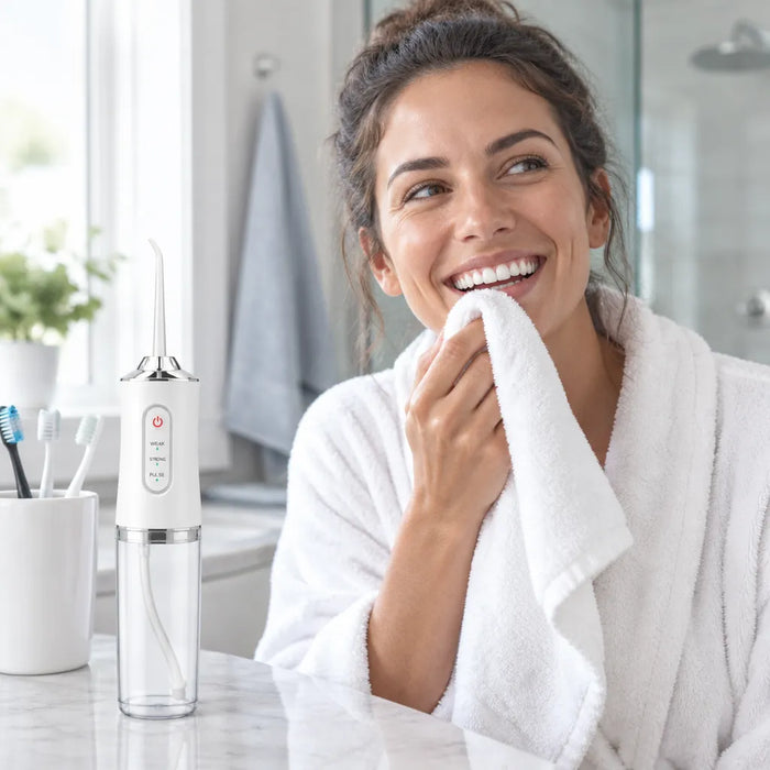 Smiling woman in a bathrobe after using her water flosser, flosser on the counter