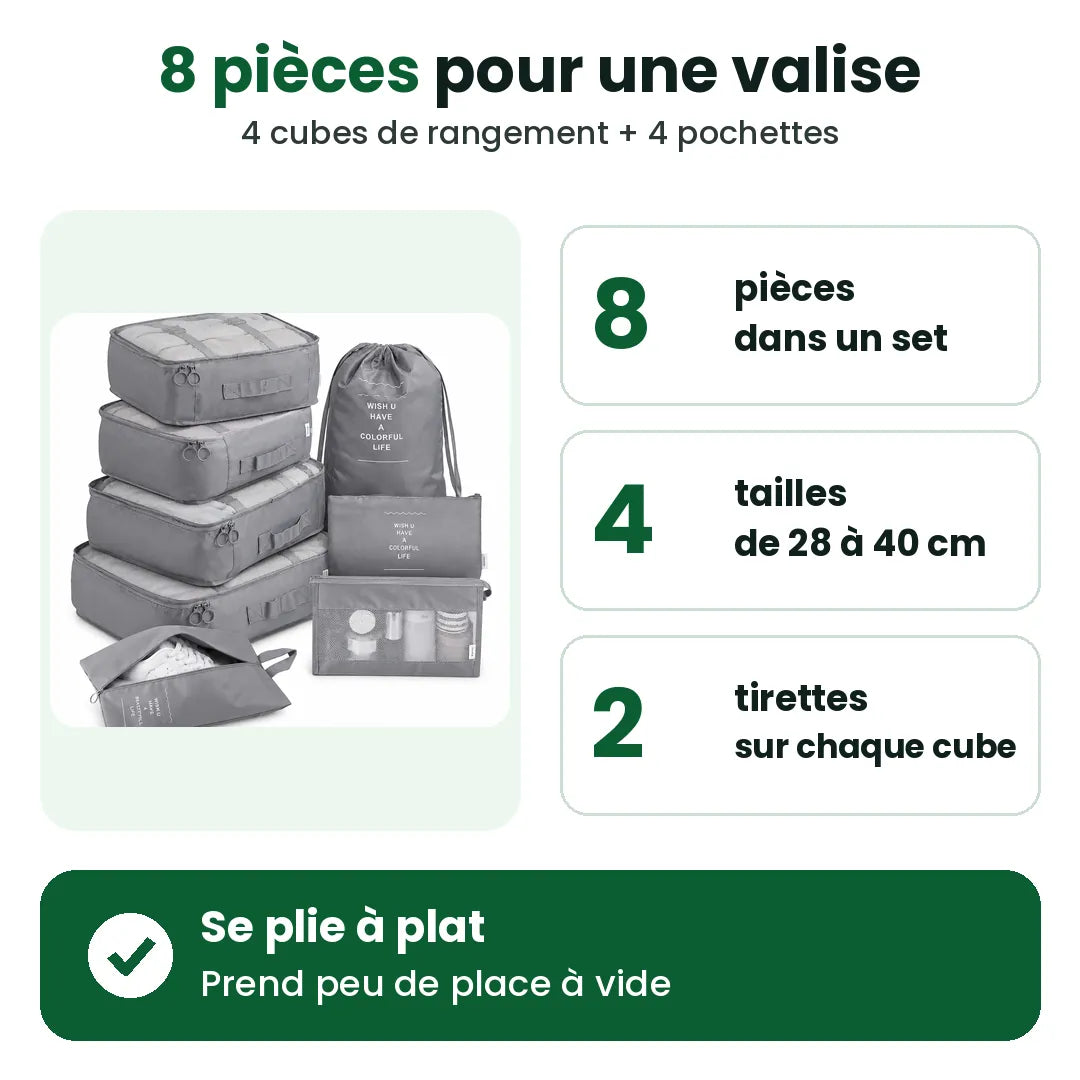 Set de cubes de rangement de 8 pièces : 4 tailles, 2 tirettes par cube, se plie à plat