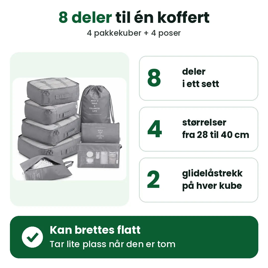 Pakkekuber sett med 8 deler: 4 størrelser, 2 glidelåstrekk per kube, kan brettes flatt