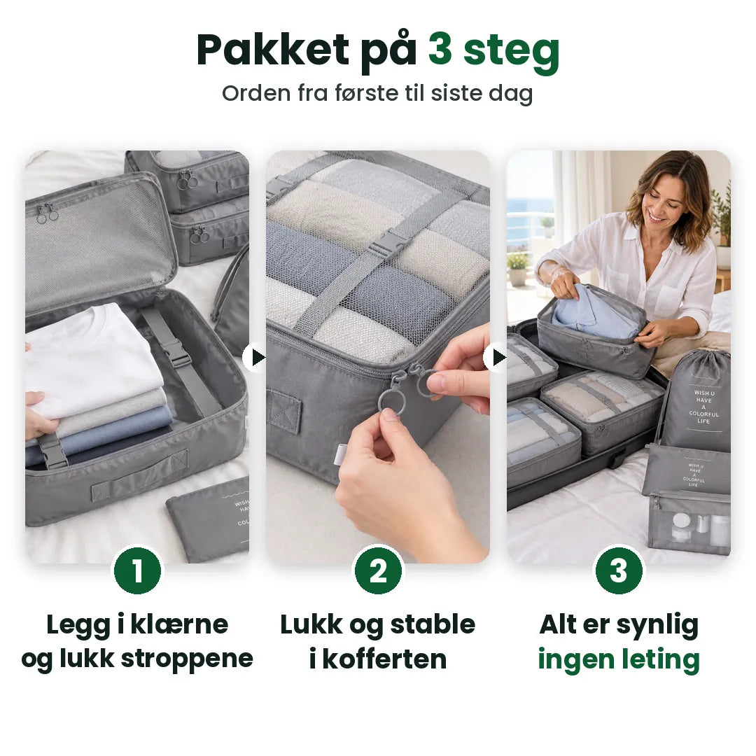 Slik bruker du pakkekuber i 3 steg: fyll, lukk og stable, se alt i kofferten