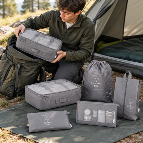 Young man at a campsite taking a grey packing cube out of his travel backpack