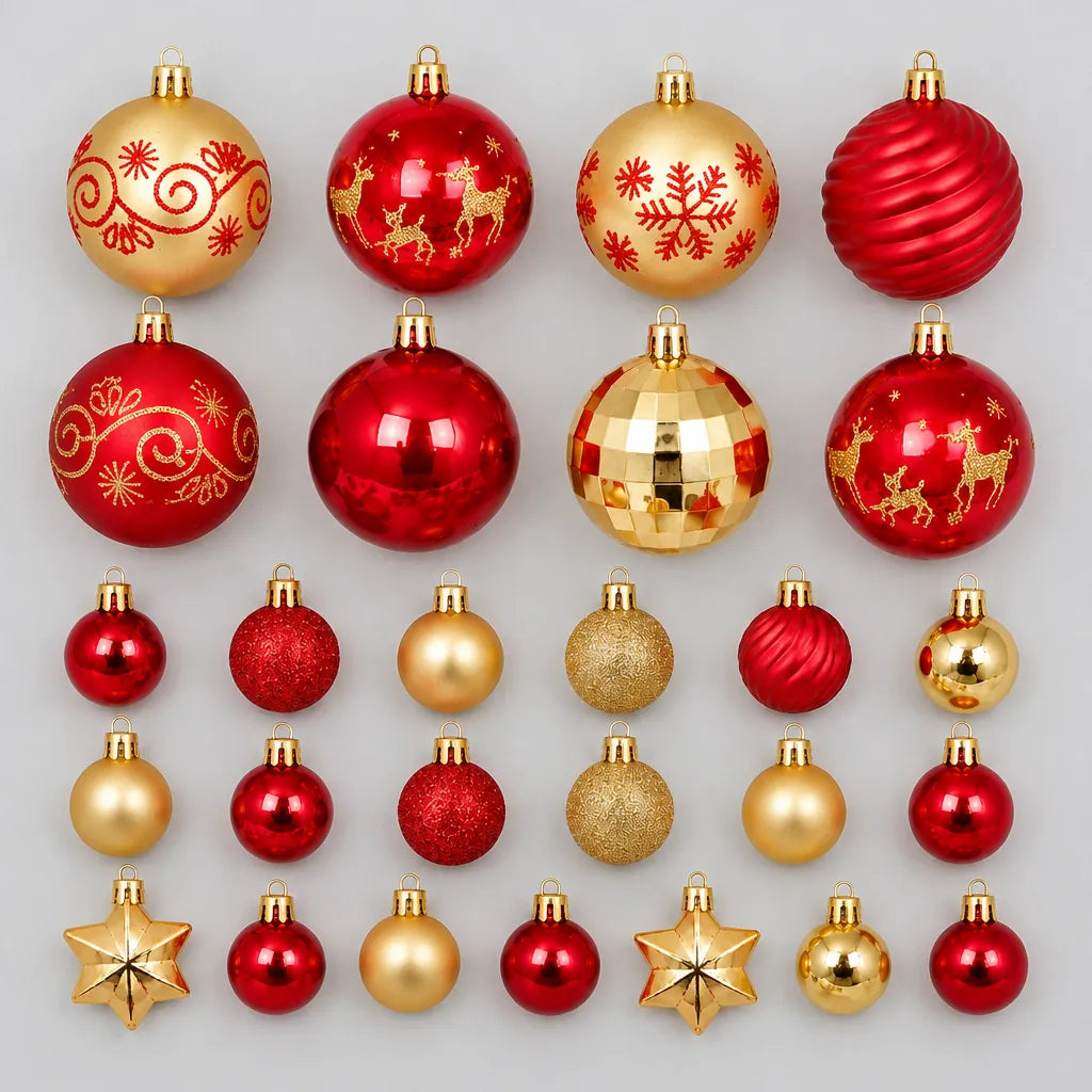 All pieces of the 44-piece red and gold Christmas bauble set laid out in rows