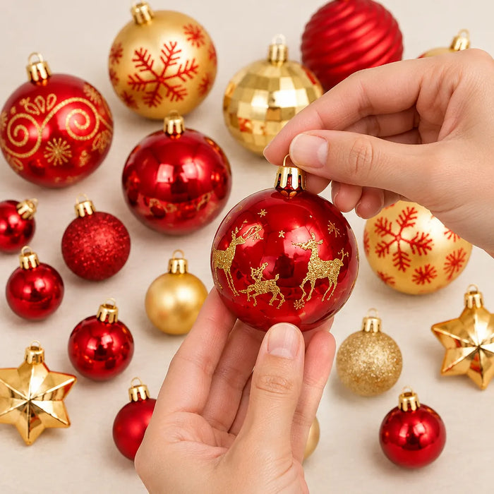Hand nimmt eine rote Weihnachtskugel mit Rentieren an der goldenen Kappe