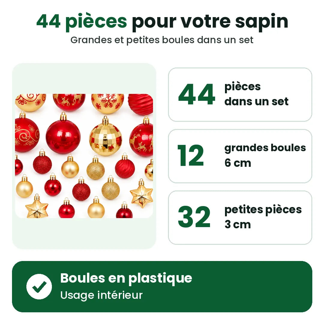 Set de 44 boules de Noël : 12 grandes et 32 petites pièces