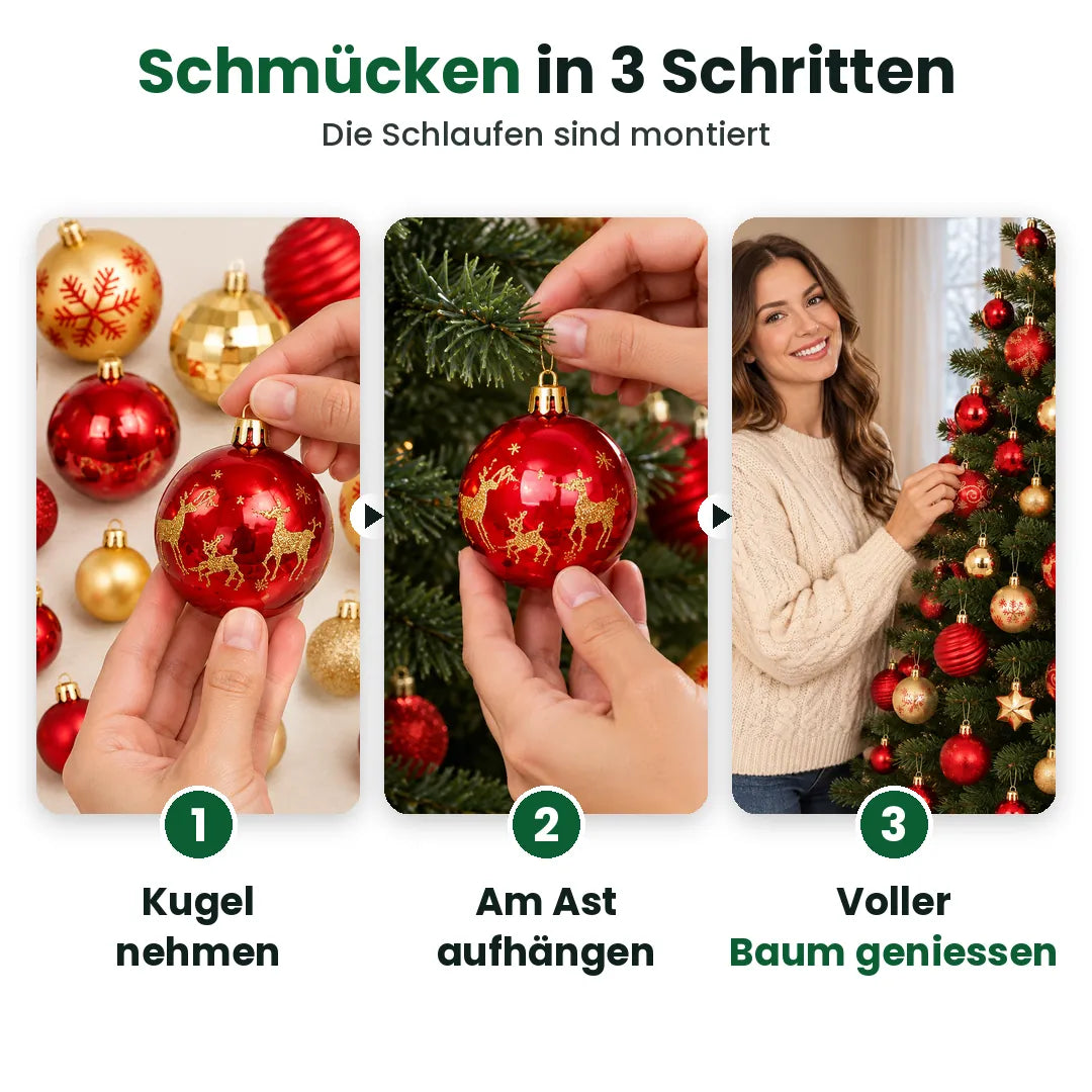 Drei Schritte, um Weihnachtskugeln am Baum aufzuhängen