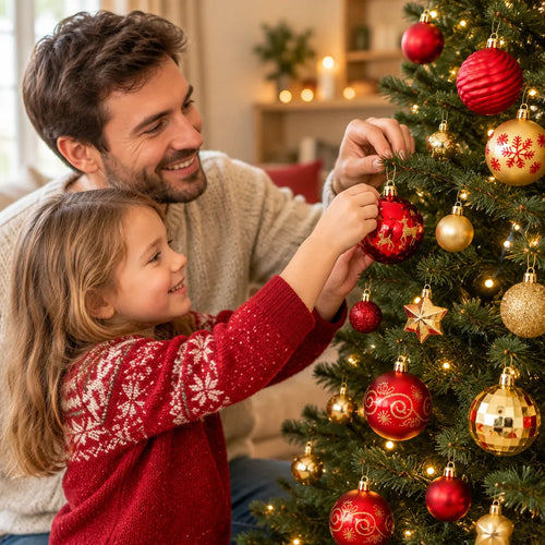Vater und Kind hängen gemeinsam rot-goldene Kugeln an den Weihnachtsbaum