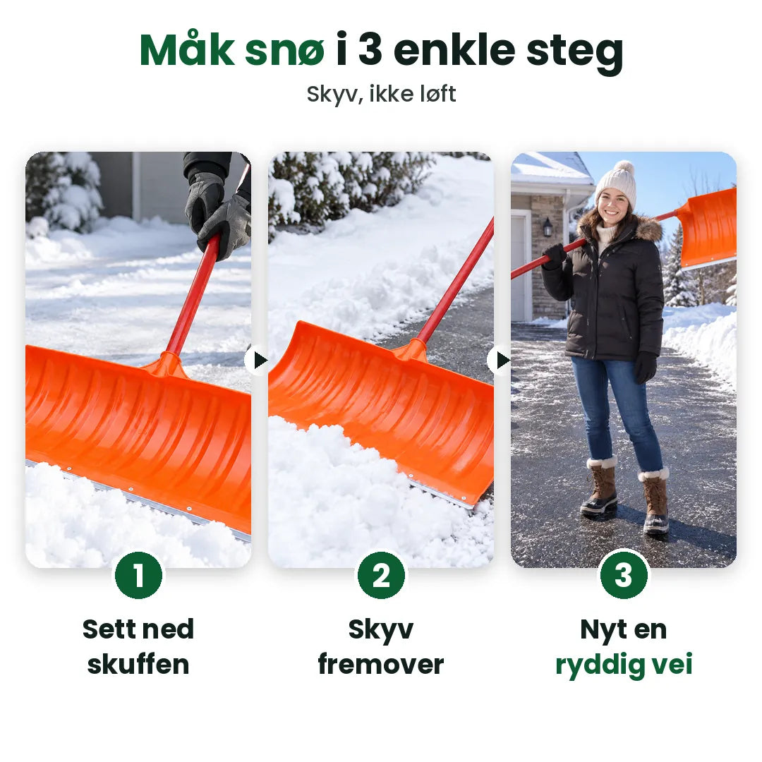 Tre steg for å måke snø med en bred snøskuffe